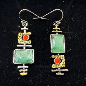Silver and Gold Geometric Earrings with Green and Red Accents